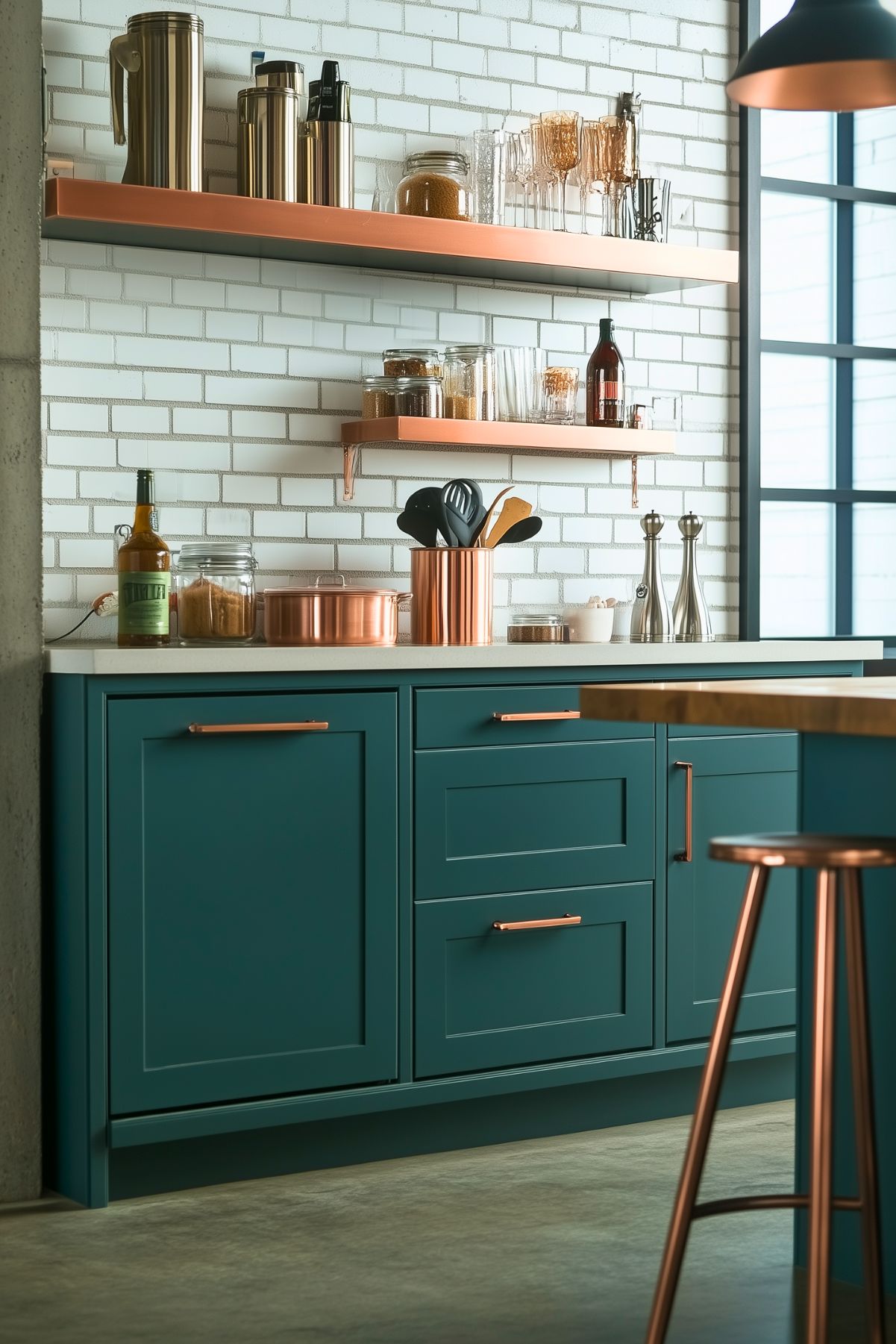 Teal kitchen cabinetry with sleek copper hardware and open copper shelving, set against a white brick backsplash. Copper utensils, accents, and a modern bar stool add warmth and elegance to this minimal, industrial-inspired space.