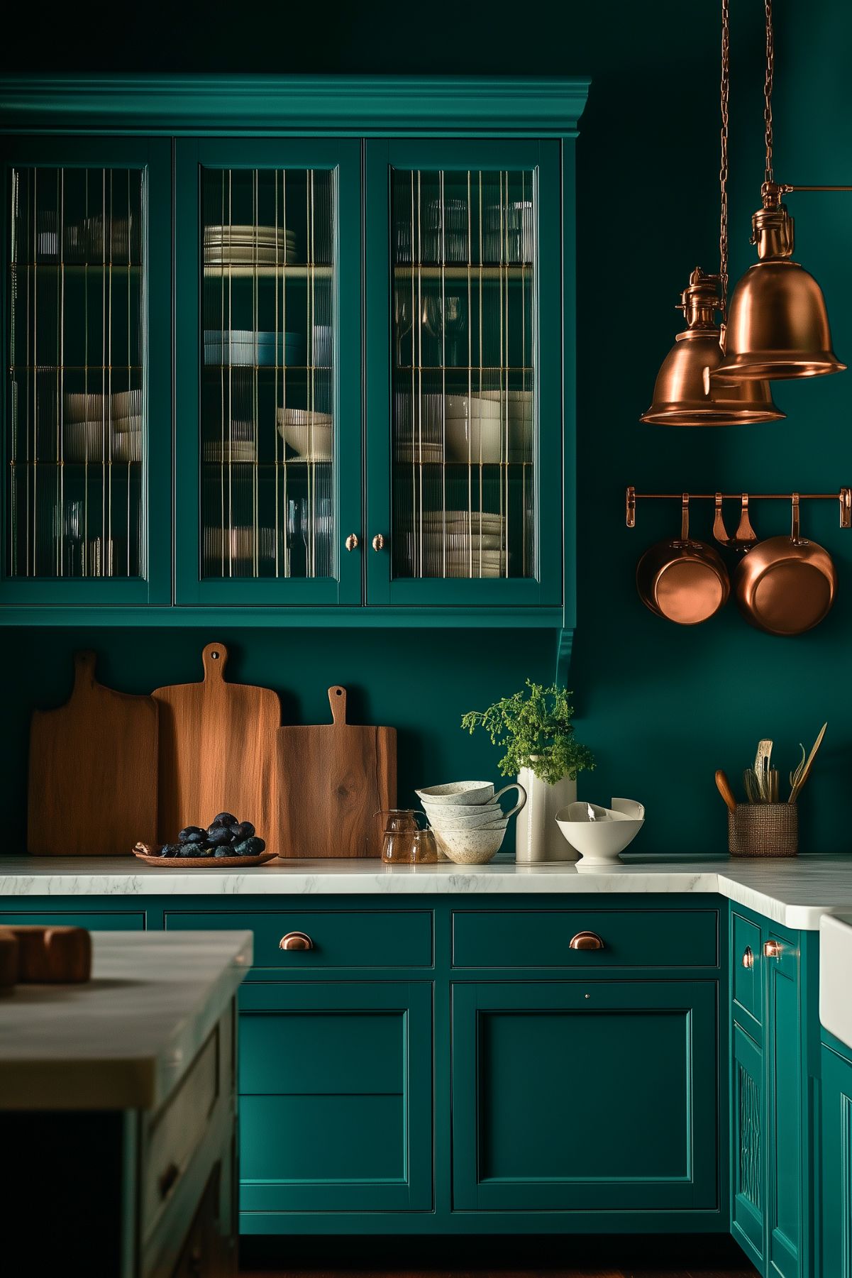 Dark teal kitchen with glass-front cabinets, copper pendant lights, and hanging copper cookware. Wooden cutting boards, ceramic pitchers, and a lush green plant add warmth and texture to the clean marble countertop, creating a cozy, classic ambiance.