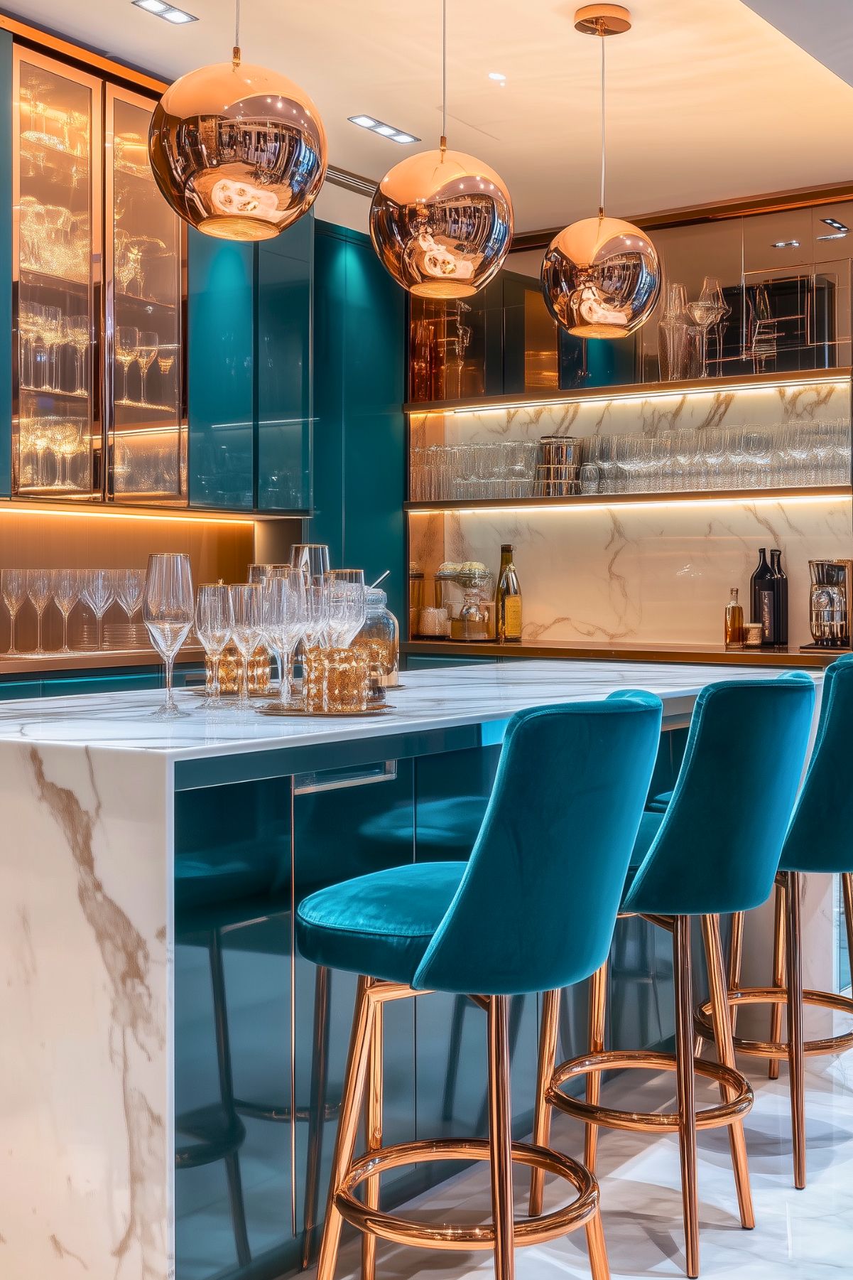 Elegant teal kitchen with copper accents, featuring marble countertops, plush velvet bar stools with copper frames, and globe-shaped copper pendant lights. The backlit glass cabinetry displays glassware, adding a warm glow that complements the modern, luxurious ambiance of the space.