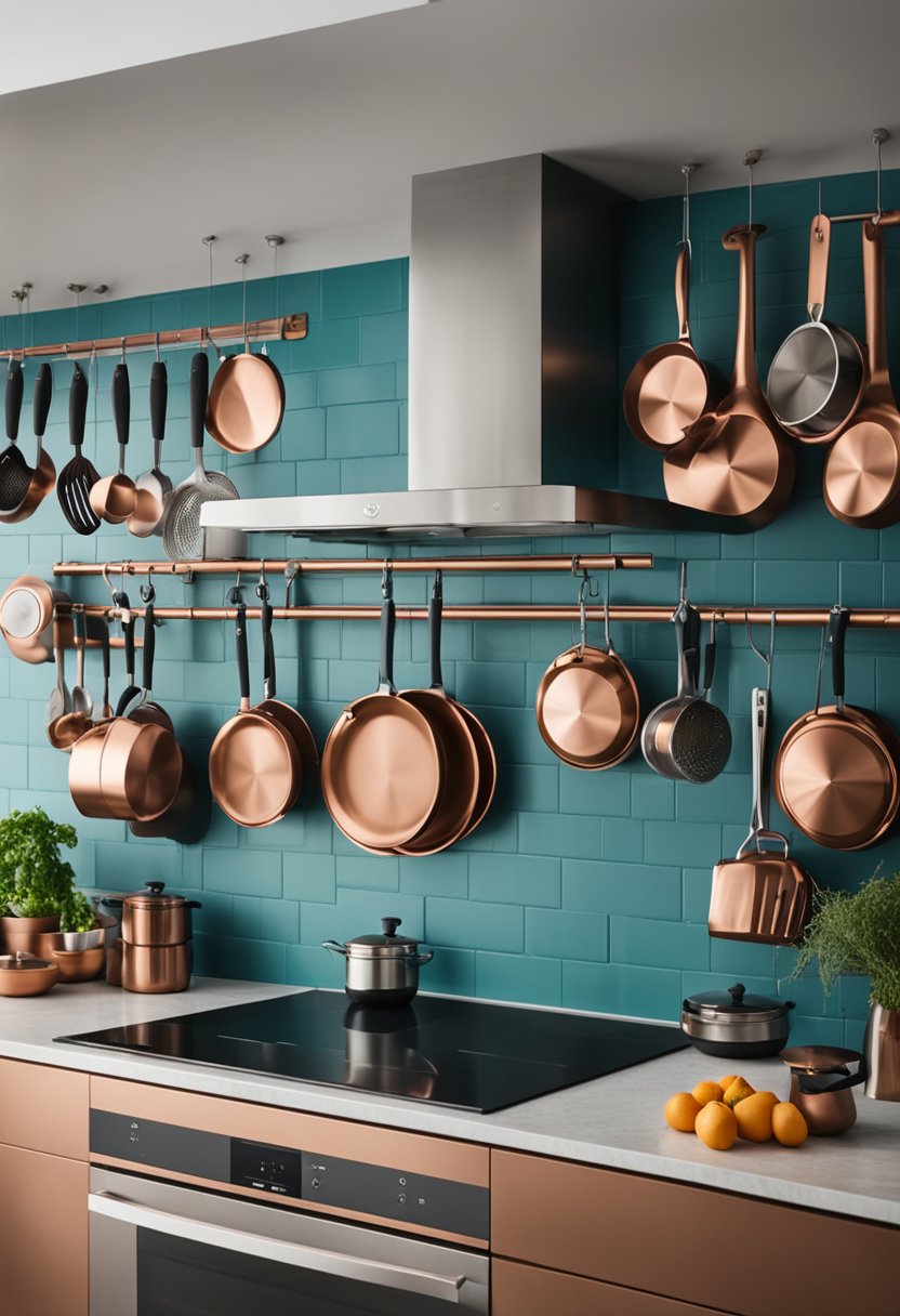 A teal and copper kitchen with gleaming pots, pans, and utensils hanging from a wall rack, surrounded by matching appliances and decor