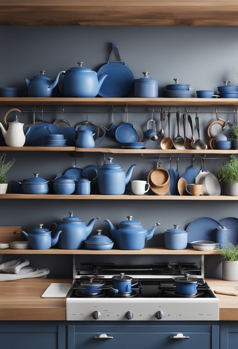 A cozy kitchen with cornflower blue utensils, pots, and pans neatly organized on open shelves and a matching tea kettle on the stove