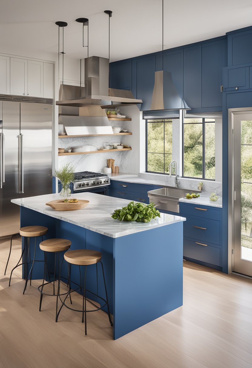 A bright, modern kitchen with cornflower blue cabinets, stainless steel appliances, and marble countertops. Sunlight streams in through the windows, casting a warm glow over the sleek, minimalist design