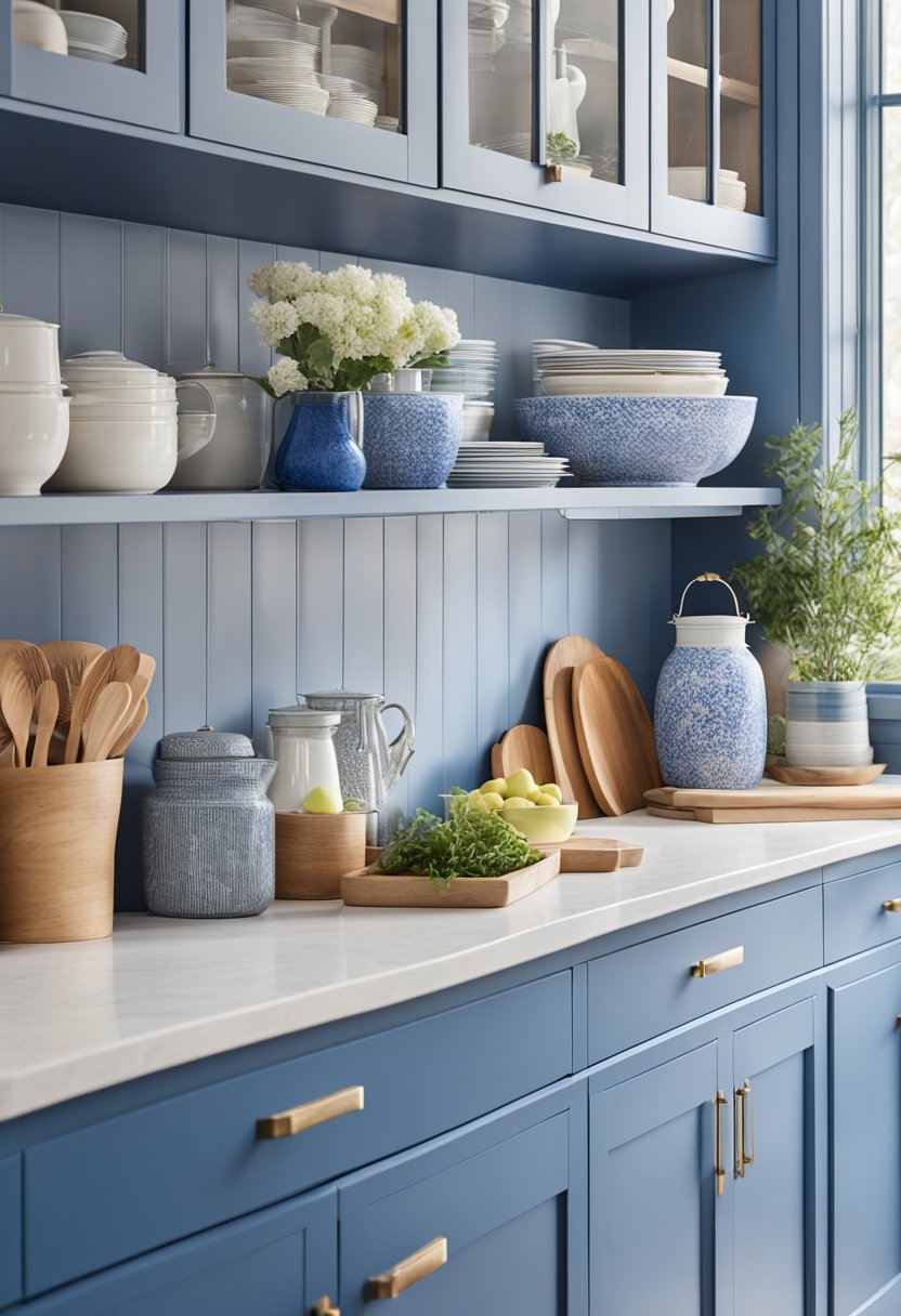 A bright, cornflower blue kitchen with coordinating textiles and decor. White cabinets and countertops provide a clean contrast