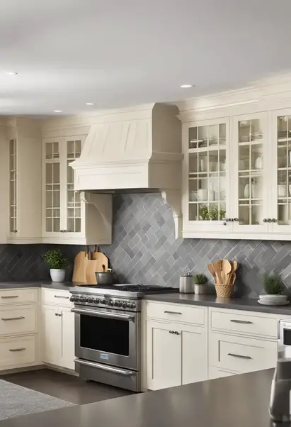 A spacious kitchen with cream-colored cabinets and charcoal gray countertops. The layout includes a large island and stainless steel appliances