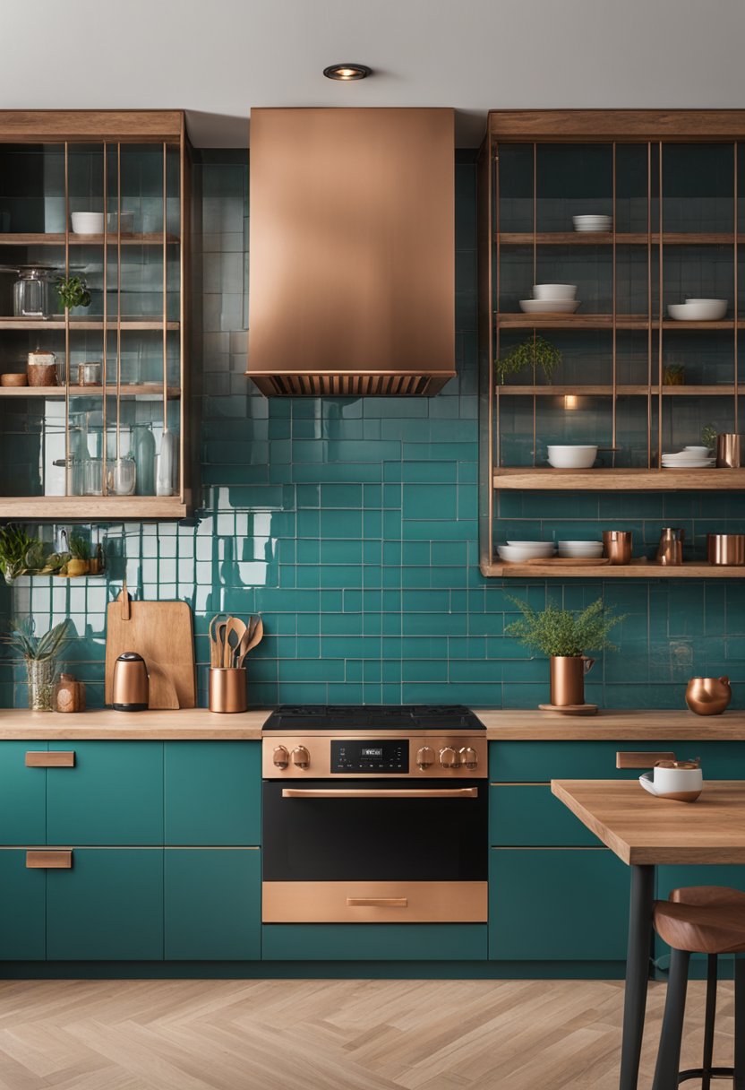 A teal and copper kitchen with sleek modern appliances and warm wood accents. The teal backsplash adds a pop of color against the copper fixtures