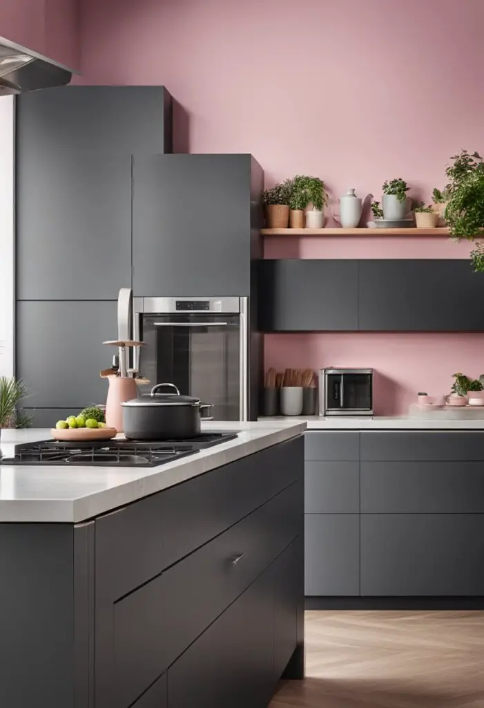 A modern kitchen with charcoal gray cabinets and a pop of pink on the walls and accessories. Stainless steel appliances and sleek countertops complete the look