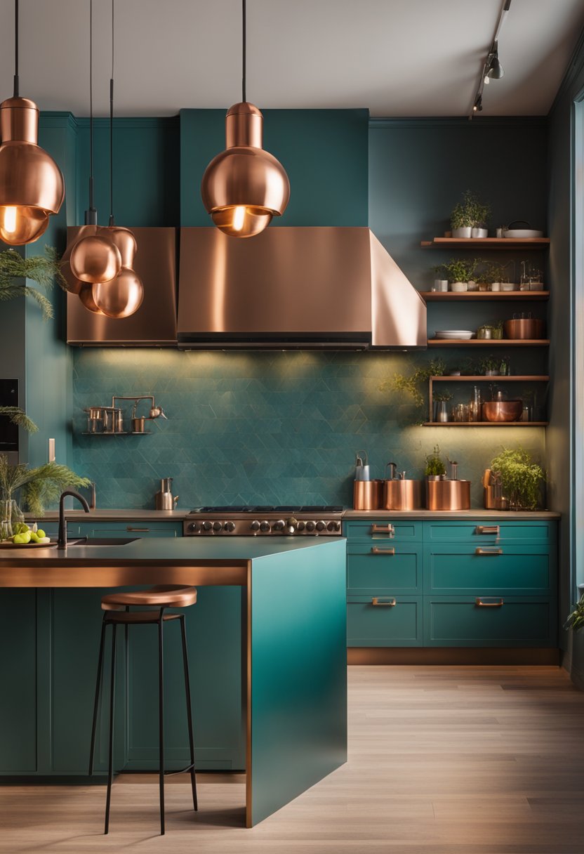 A teal and copper kitchen with pendant lights casting warm glow on sleek fixtures and appliances