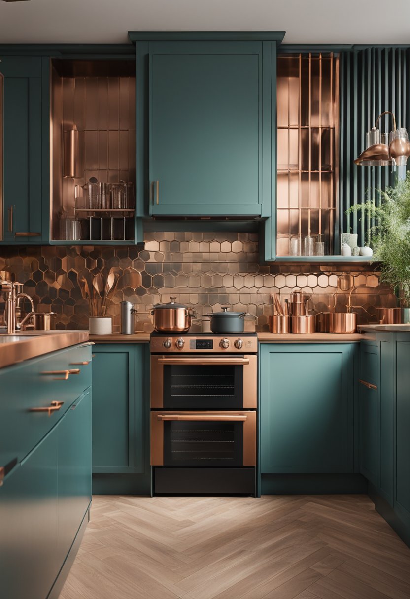 Teal and copper kitchen with modern decor and accents. Shiny metallic appliances and fixtures. Muted teal walls and copper-colored accents throughout