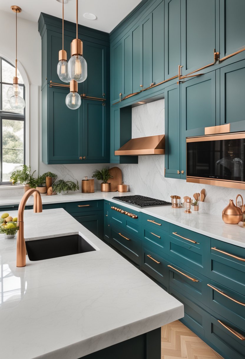 A modern kitchen with teal cabinets, copper hardware, and accents. The countertops are a sleek white marble, and the walls are painted a soft, neutral color