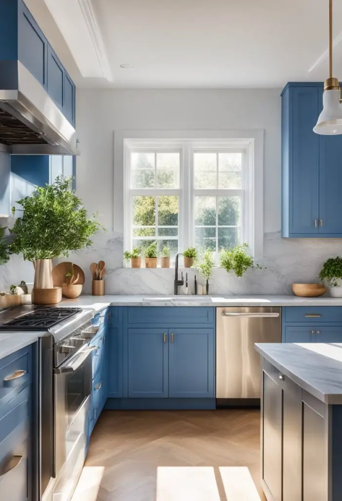 A bright cornflower blue kitchen with white cabinets, stainless steel appliances, and a marble countertop. Sunlight streams in through the window, casting a warm glow over the cozy space
