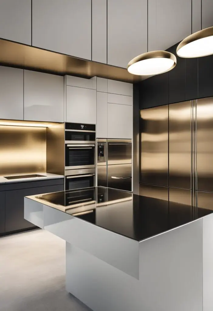 The kitchen wall glistens with a glossy finish, reflecting the light. The smooth surface creates a sleek, modern look
