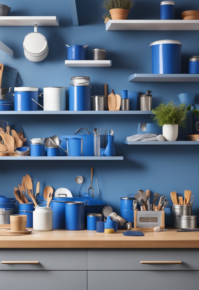 A bright, cornflower blue kitchen with DIY projects in progress: shelves being built, paint cans open, and tools scattered on the counter
