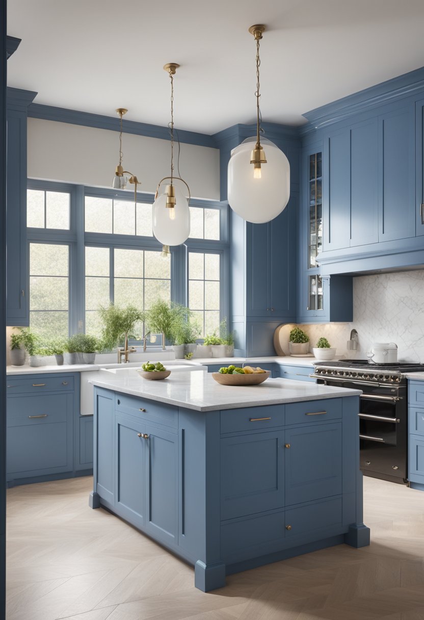 The cornflower blue kitchen is bathed in soft, natural light, creating a serene and inviting ambiance