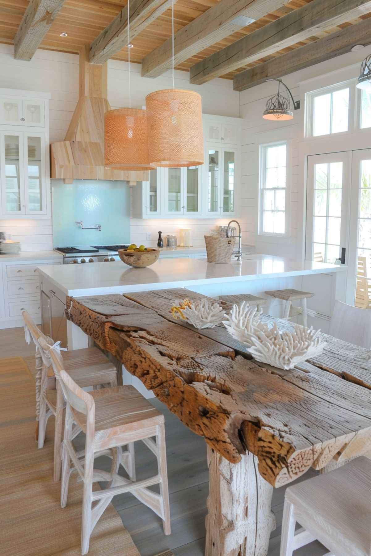 A coastal kitchen featuring a mix of rustic and modern elements. The space includes a large white island with a sleek countertop and a natural wood bar table with raw edges and a weathered texture. Light wood barstools complement the table. Above the island, two large woven pendant lights add a touch of warmth and texture, while exposed wooden beams on the ceiling enhance the rustic charm. White cabinetry, glass-fronted upper cabinets, and a light blue backsplash contribute to the bright, airy feel of the kitchen. Natural light floods the space through large windows and French doors.