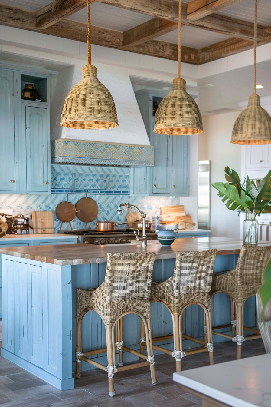 A charming coastal kitchen with light blue cabinetry and a warm, rustic feel. The island features a wooden countertop and is paired with wicker barstools that add a natural, beachy touch. Above the island, three woven pendant lights with rope accents hang from the ceiling, providing a nautical vibe. The backsplash is adorned with intricate blue and yellow tiles, adding a pop of color and pattern to the space. The kitchen includes a large range with a white hood, flanked by blue cabinets that offer ample storage. Exposed wooden beams on the ceiling enhance the rustic charm, while decorative elements like cutting boards and potted plants contribute to the cozy, inviting atmosphere.