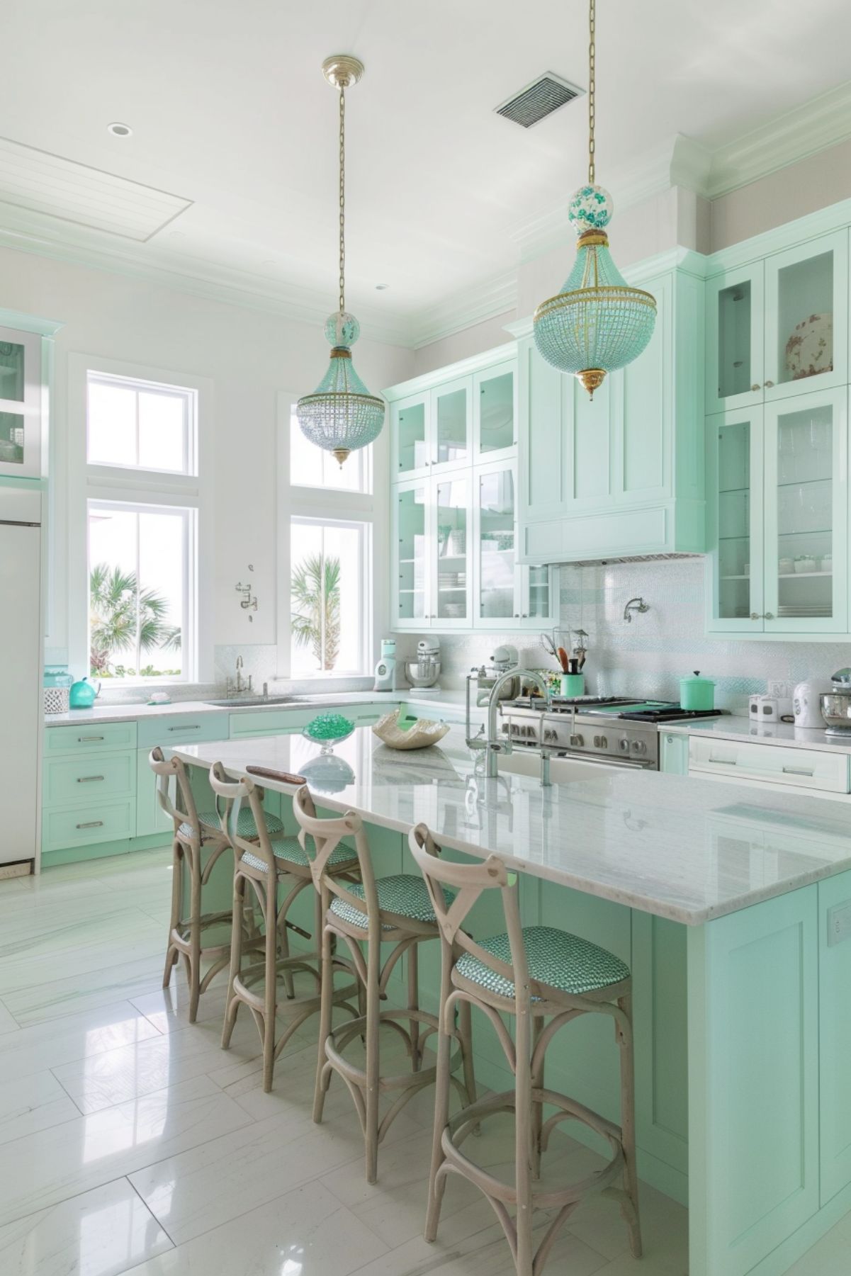 A fresh and bright coastal kitchen with mint green cabinetry and white countertops. The kitchen island, with its polished surface, is complemented by light wooden barstools featuring mint green woven seats. Elegant mint green glass chandeliers hang above the island, adding a touch of sophistication. The kitchen is well-lit with natural light streaming in from large windows, creating a vibrant and airy atmosphere. Stainless steel appliances and a stylish backsplash complete the modern coastal aesthetic.