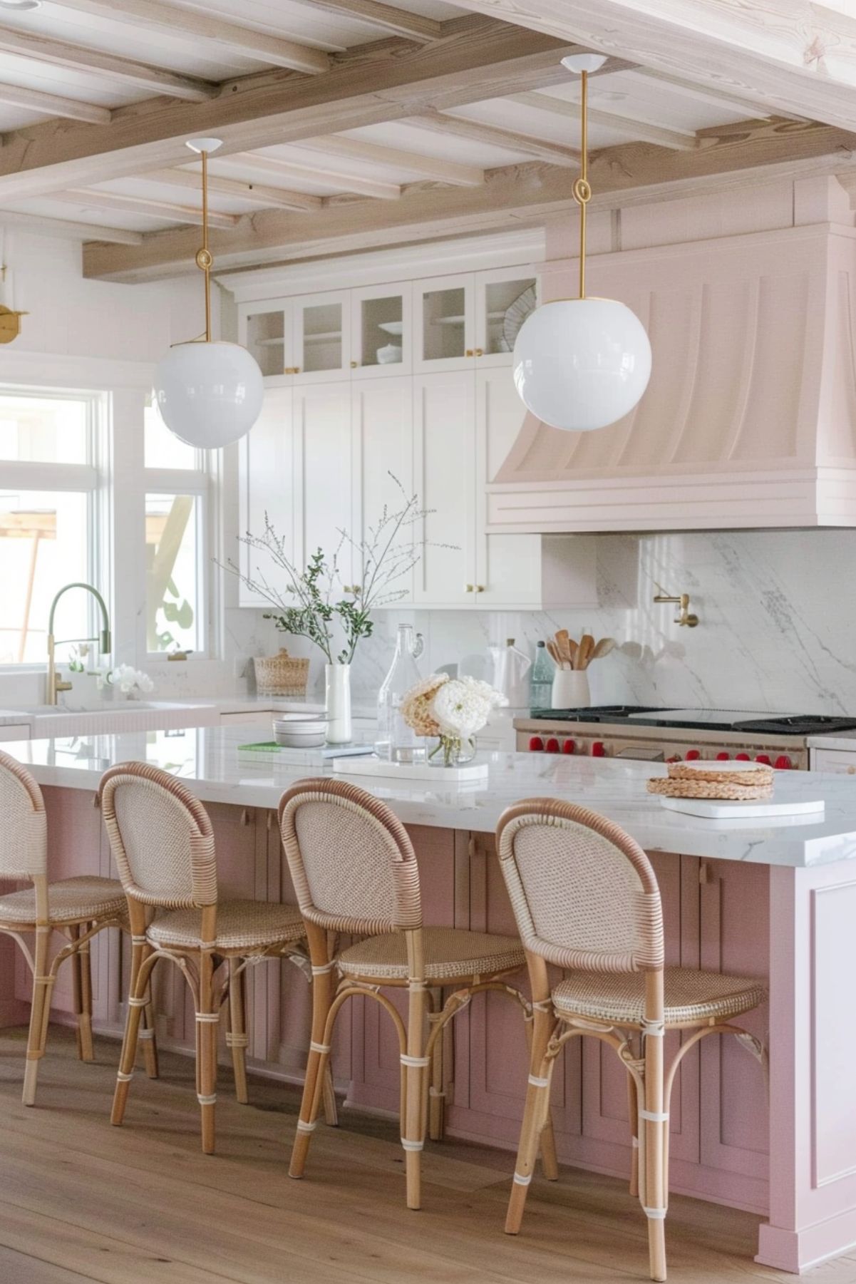 A charming coastal kitchen with soft pastel tones, featuring a large island with a white marble countertop and pink cabinetry. The island is paired with rattan barstools that add a natural, beachy touch. Above the island, two elegant globe pendant lights with brass accents provide a stylish focal point. The kitchen includes white cabinetry with glass-fronted upper cabinets and a white marble backsplash. A pink range hood matches the island cabinetry, creating a cohesive look. Light wood flooring and exposed wooden beams on the ceiling enhance the warm, inviting atmosphere of this serene coastal space.