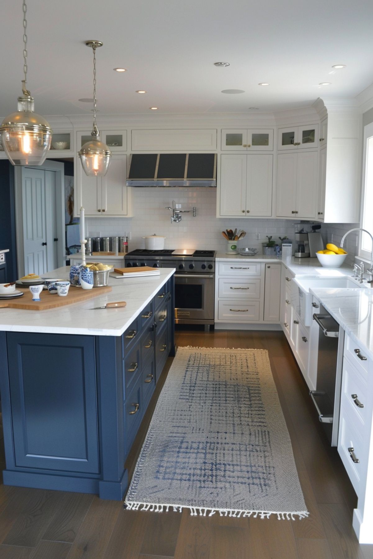 A sophisticated coastal kitchen featuring a striking navy blue island with a white marble countertop. The island is complemented by brass hardware, adding a touch of elegance. Above the island, two industrial-style pendant lights with metallic finishes provide ample lighting. The kitchen also showcases white cabinetry with brass handles and a classic white subway tile backsplash. Stainless steel appliances, including a range and a pot filler, enhance the modern feel. A patterned runner rug in shades of blue adds warmth to the space, while natural light streams in through large windows, highlighting the clean, nautical design.