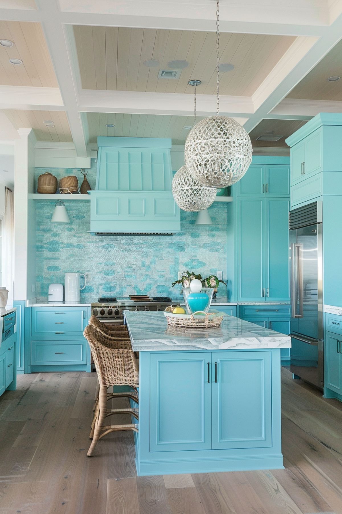 A vibrant coastal kitchen with bold turquoise cabinetry and a matching range hood. The island features a white marble countertop with subtle grey veining, providing a fresh contrast to the vivid cabinetry. Above the island, two large spherical pendant lights with intricate, woven designs add a touch of elegance and coastal charm. The backsplash is adorned with a mosaic pattern in varying shades of blue, enhancing the beachy feel. Wicker barstools and decorative baskets on open shelves contribute to the natural, laid-back vibe, while stainless steel appliances add a modern touch to this inviting space.