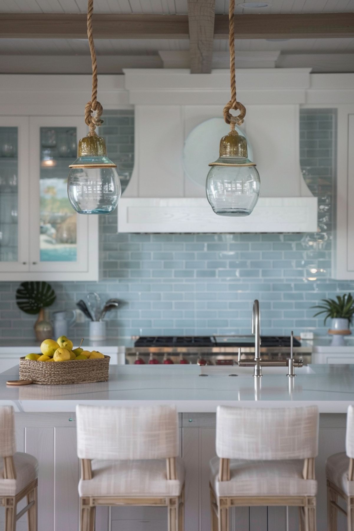 A serene coastal kitchen featuring a large island with a white countertop and light beige upholstered barstools. The backsplash is made of soft blue subway tiles, adding a touch of color to the predominantly white space. Above the island, two glass pendant lights with rope accents provide a nautical touch. The kitchen includes white cabinetry, with some glass-fronted upper cabinets showcasing decorative items. A white range hood and stainless steel appliances contribute to the clean, modern look, while natural elements like a woven basket filled with lemons and a potted plant add a touch of warmth and freshness.