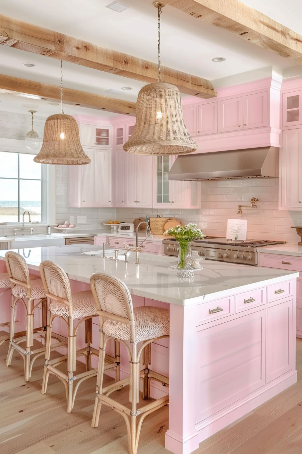 A delightful coastal kitchen with a soft pink color scheme. The large island features a white marble countertop and pink cabinetry, paired with rattan barstools that have light pink cushions. Above the island, two large woven pendant lights add a natural, beachy touch. The kitchen includes white cabinetry with pink accents, a stainless steel range hood, and a white subway tile backsplash. Exposed wooden beams on the ceiling enhance the rustic charm, while light wood flooring adds to the airy, inviting atmosphere. A vase of fresh flowers on the island brings a touch of nature indoors.