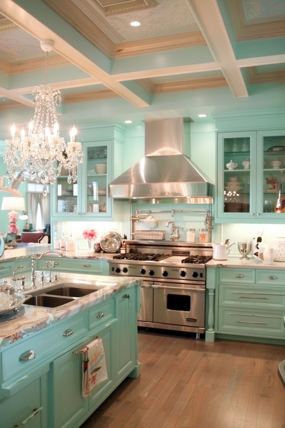 An elegant coastal kitchen with mint green cabinetry and luxurious touches. The large island features a marble countertop and includes a double sink with polished chrome fixtures. Above the island hangs a stunning crystal chandelier, adding a touch of glamour to the space. The kitchen also showcases stainless steel appliances, including a large range and a modern range hood. Glass-fronted upper cabinets display fine china and decorative items, enhancing the sophisticated look. The coffered ceiling with detailed moldings and soft blue accents completes the upscale coastal design, while hardwood floors add warmth and continuity to the space.