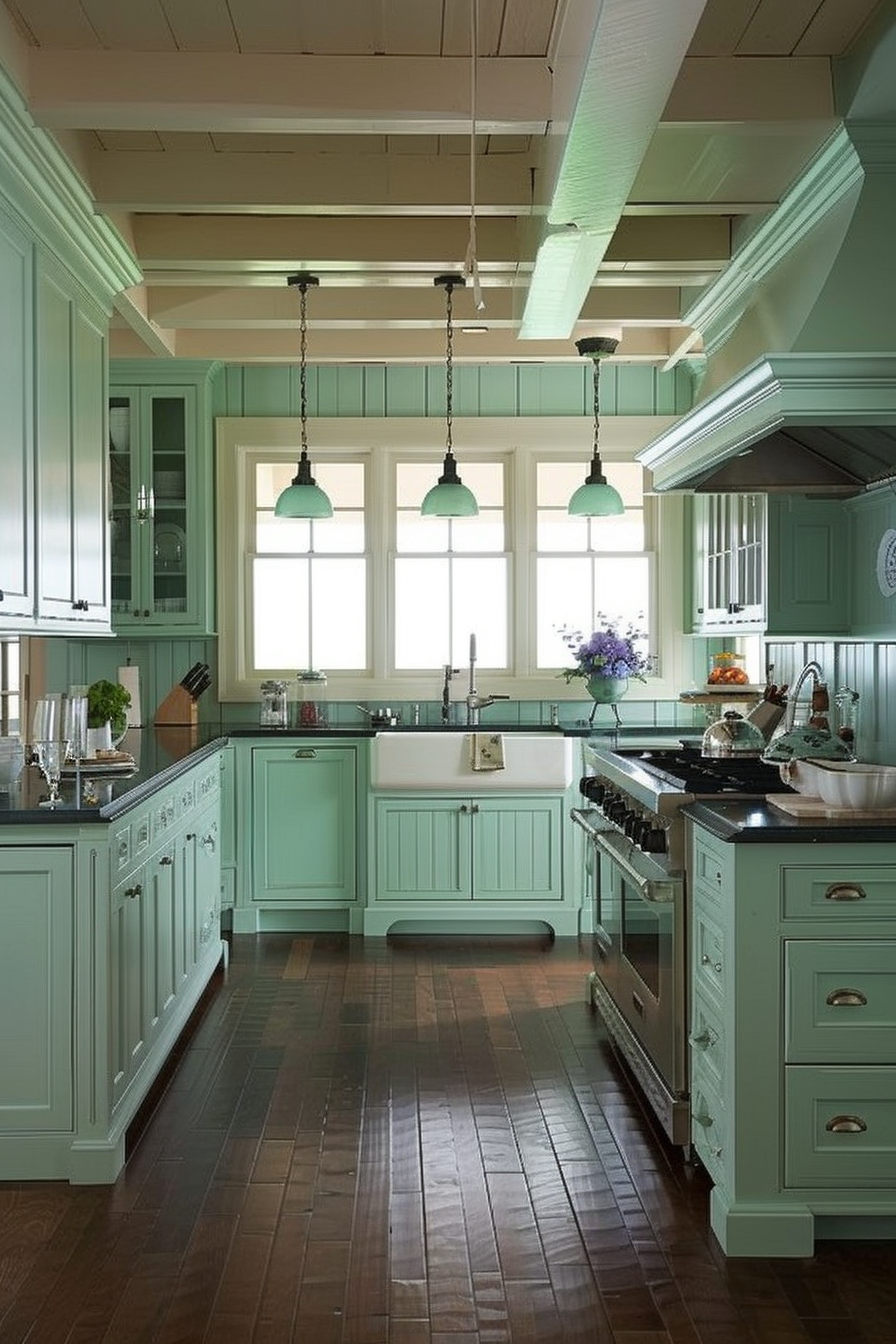 A cozy coastal kitchen with mint green cabinetry and dark countertops. The kitchen features a farmhouse sink beneath a set of large windows that allow natural light to fill the space. Above the sink, three pendant lights with green shades hang from the ceiling, adding a pop of color and a vintage touch. The cabinetry includes intricate detailing, and the upper cabinets have glass fronts to display dishware. Stainless steel appliances, including a range and oven, provide modern functionality. The exposed beams on the ceiling and the dark wood flooring enhance the rustic charm of this inviting kitchen.