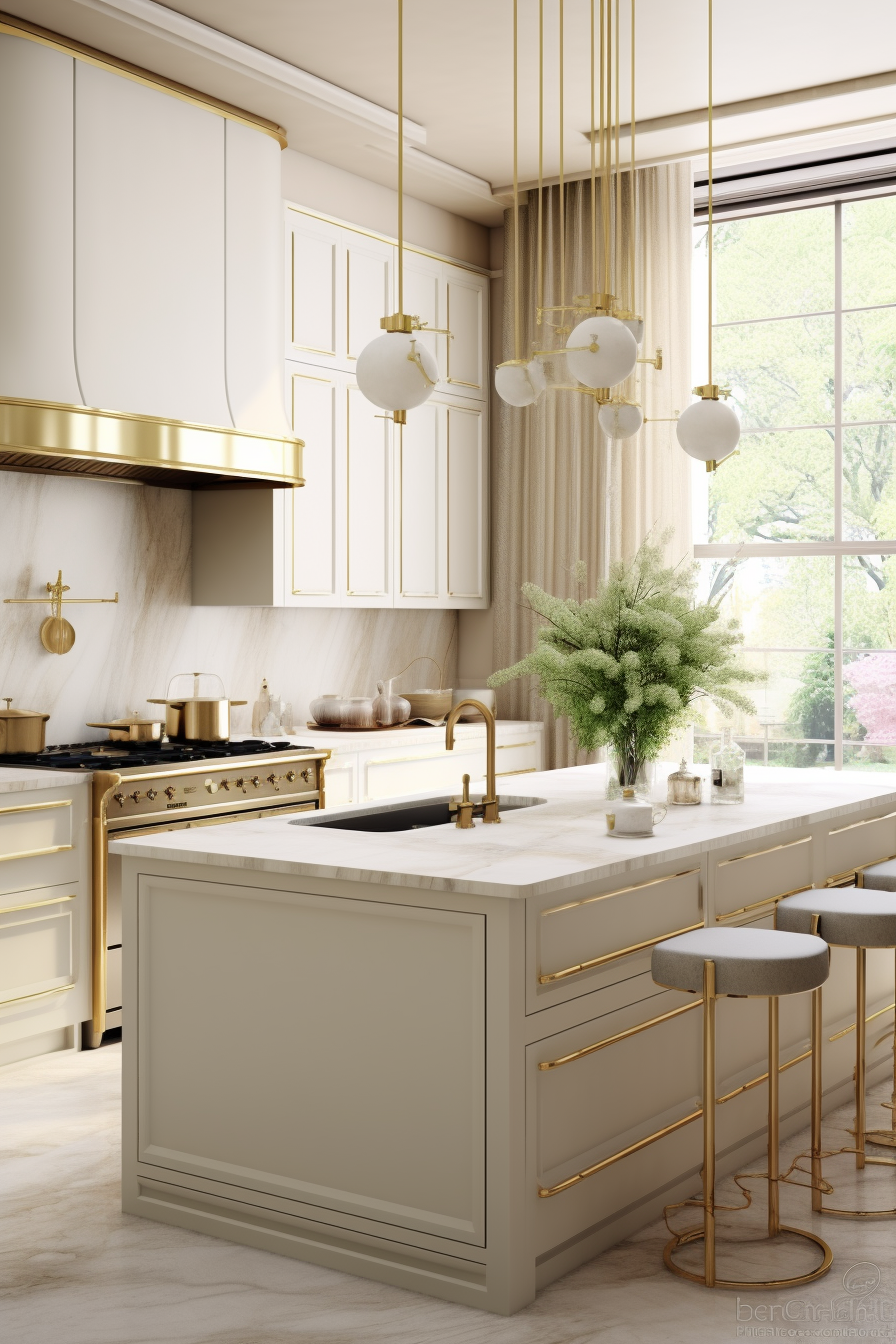 A luxurious kitchen with cream cabinets and brass hardware, featuring a marble countertop and gold accents throughout, bathed in natural light from large windows.