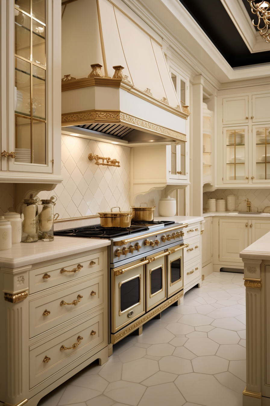 An opulent kitchen with cream cabinets, extensive brass detailing, and multiple chandeliers, complete with a large kitchen island.