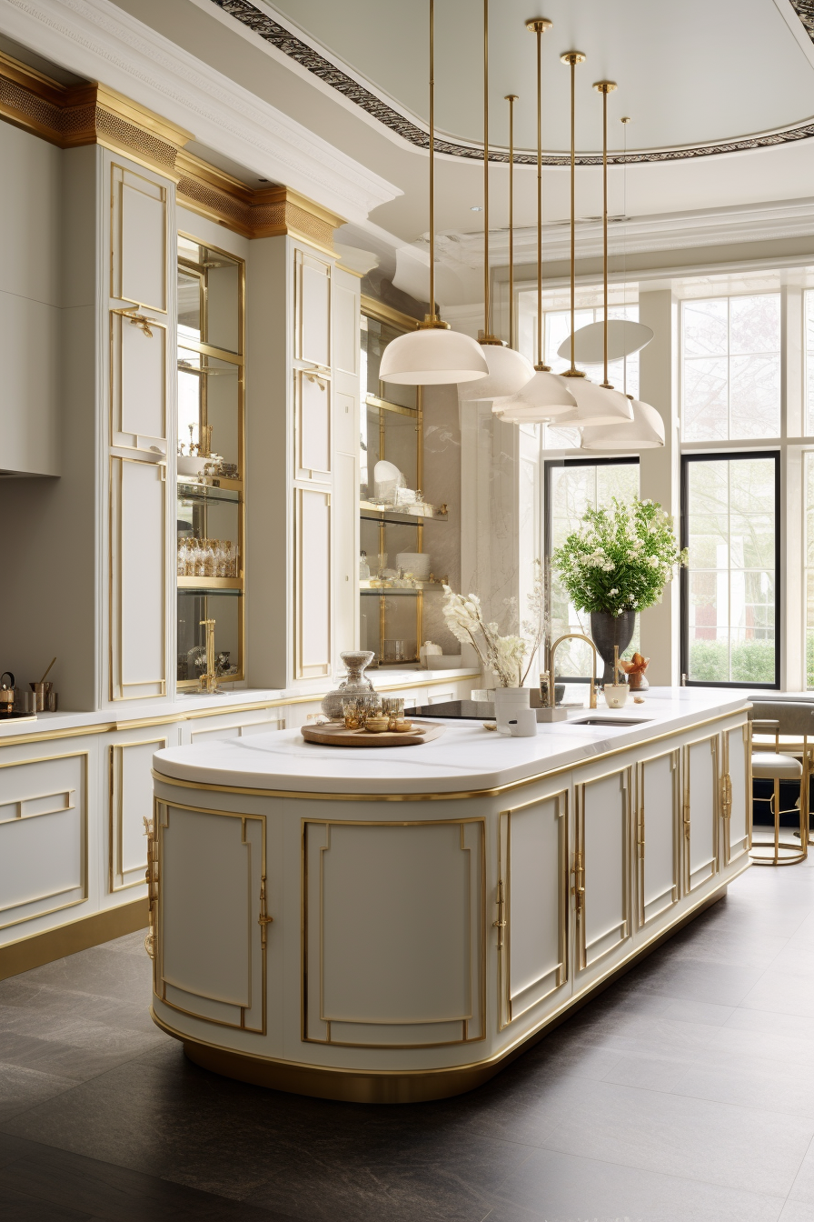 A sophisticated kitchen with cream cabinets adorned with brass, including a brass pot rack over the stove and elegant lighting.