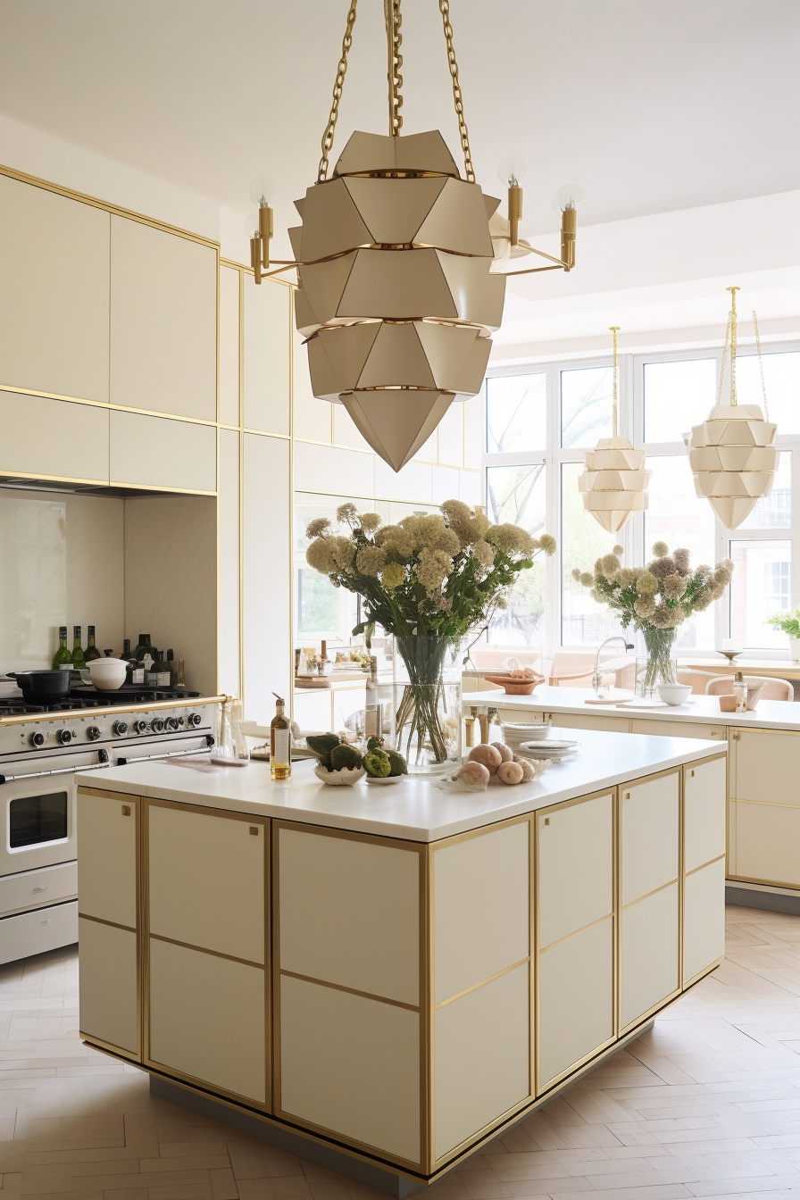 An elegant and spacious kitchen with a central island, cream cabinetry, and brass trim. Unique geometric brass light fixtures hang above the island.