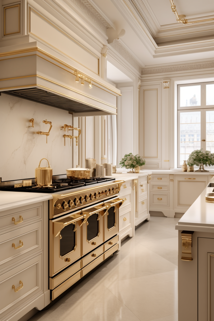 A narrow kitchen with cream cabinetry and brass handles, featuring a long kitchen island and natural light coming through tall windows.