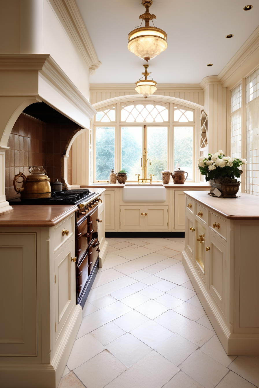 A traditional kitchen design with a cream color palette and brass accents, featuring a large stove and ornate cabinetry under arched windows.