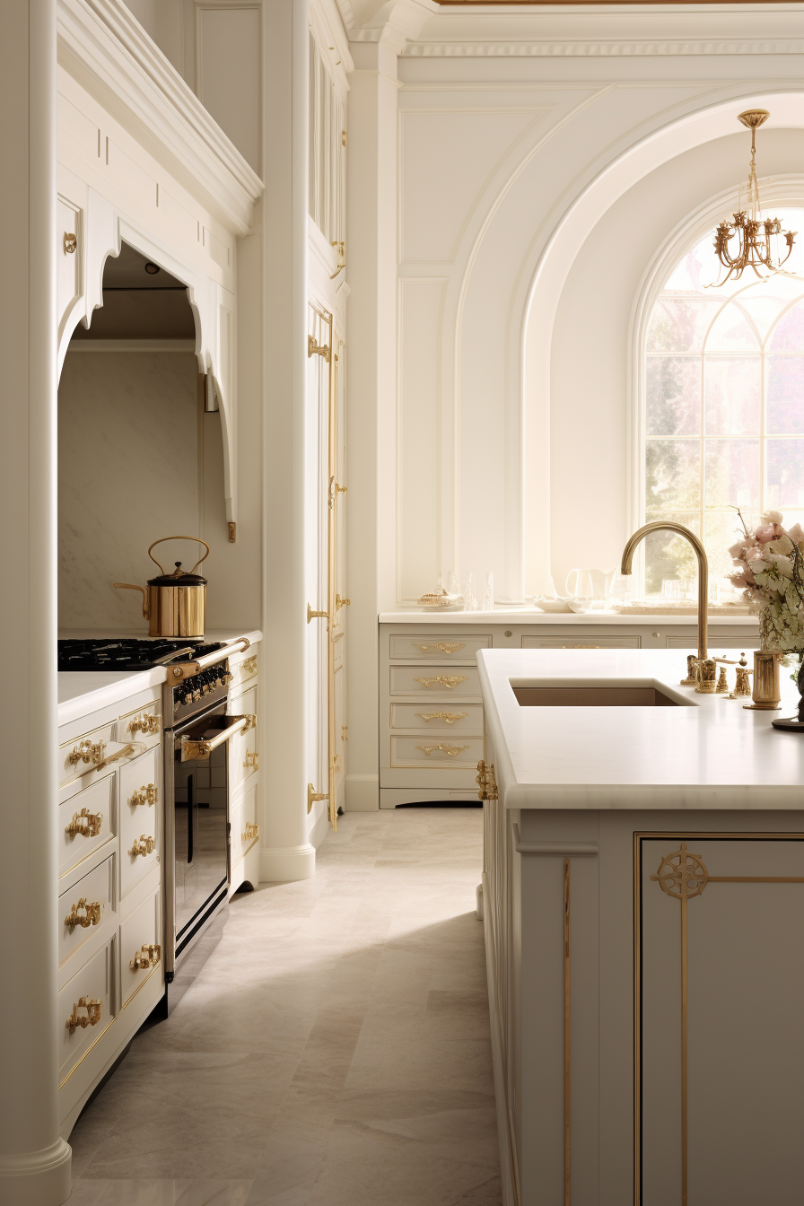 A modern kitchen with cream cabinets and striking brass hardware, complemented by a unique chandelier with brass details and a soft, natural light.