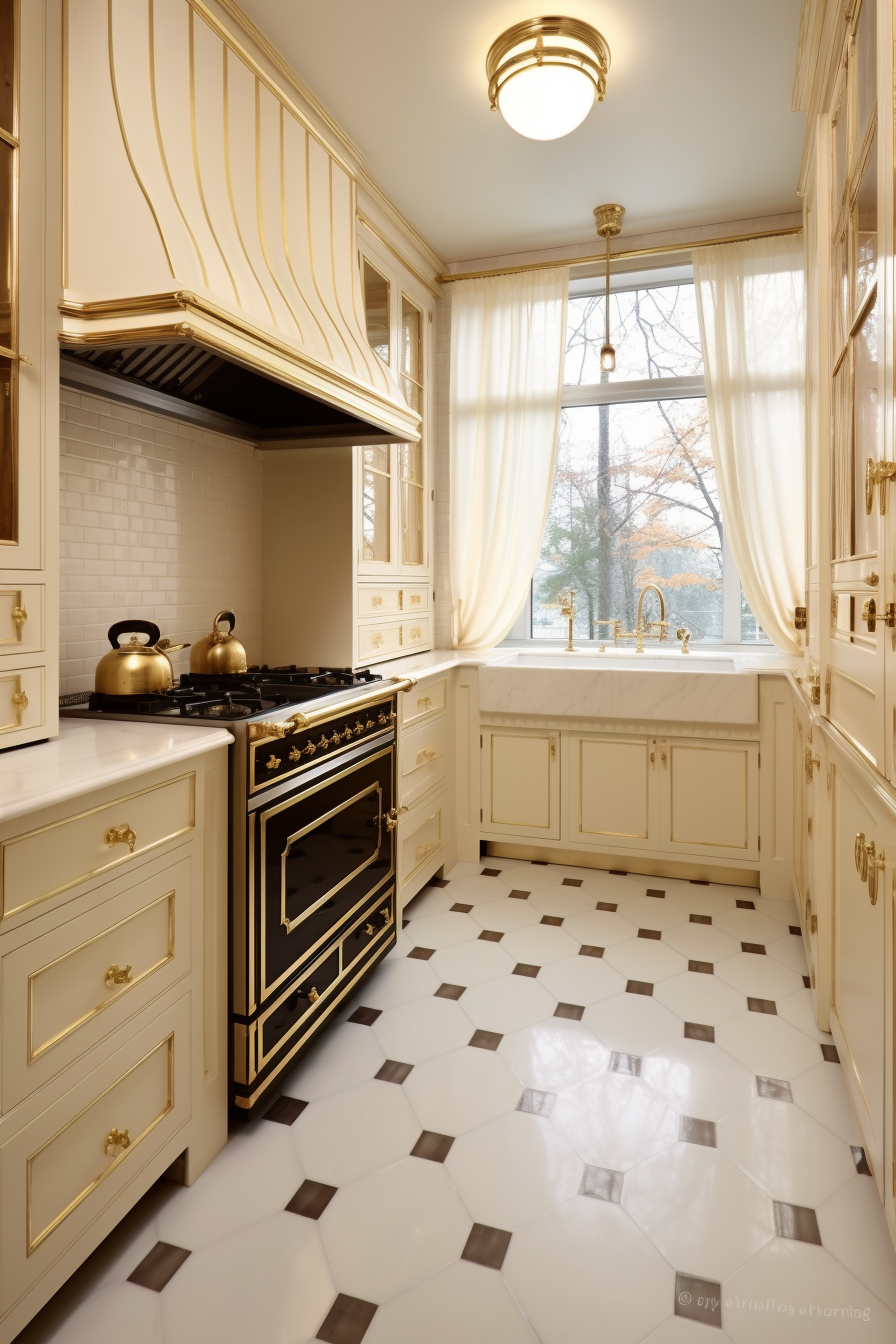 A classic kitchen with a mix of cream and white cabinets, highlighted by brass handles and fittings, and a quaint kitchen island under pendant lights.