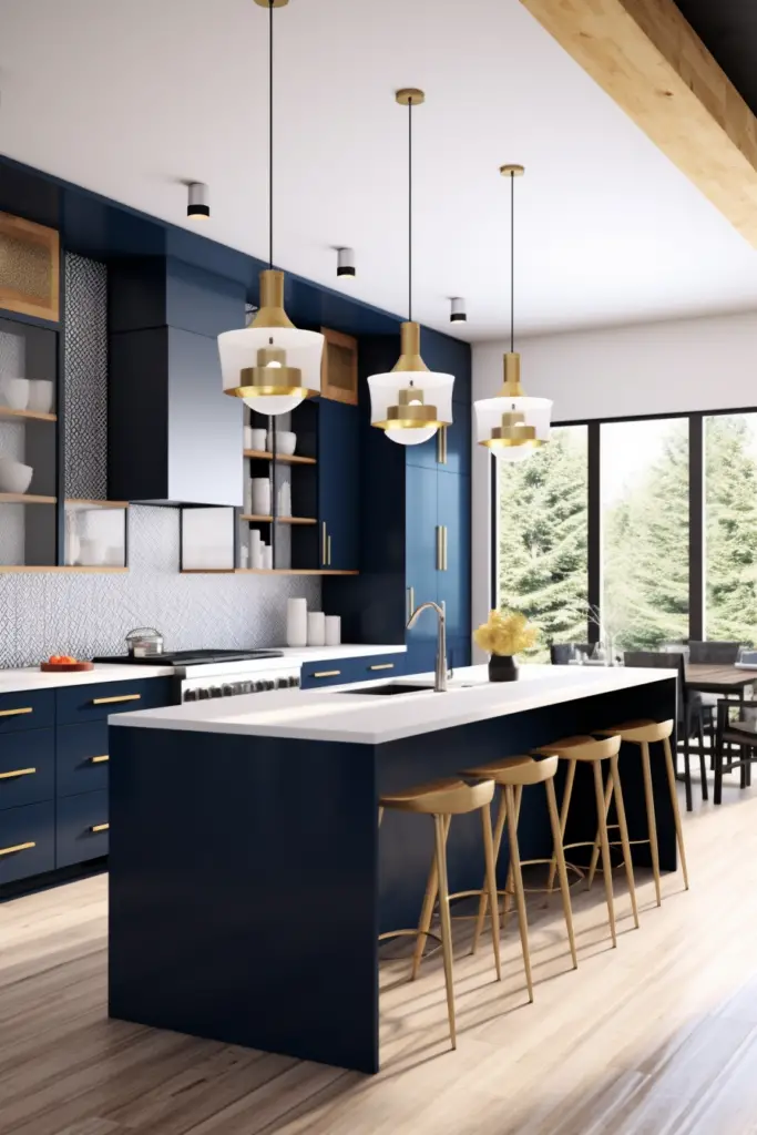 modern kitchen with a strong design aesthetic featuring deep indigo cabinetry and gold accents. The kitchen includes an island with a white countertop and indigo base, surrounded by minimalist wooden bar stools. Above the island hang elegant white and gold pendant lights, adding a luxurious touch. The cabinetry, with gold handles, is mixed with sections of open shelving that display neatly organized kitchen essentials. The space is bright, with a large window offering a view of a wooded area, and it seamlessly integrates into an open dining area in the background.