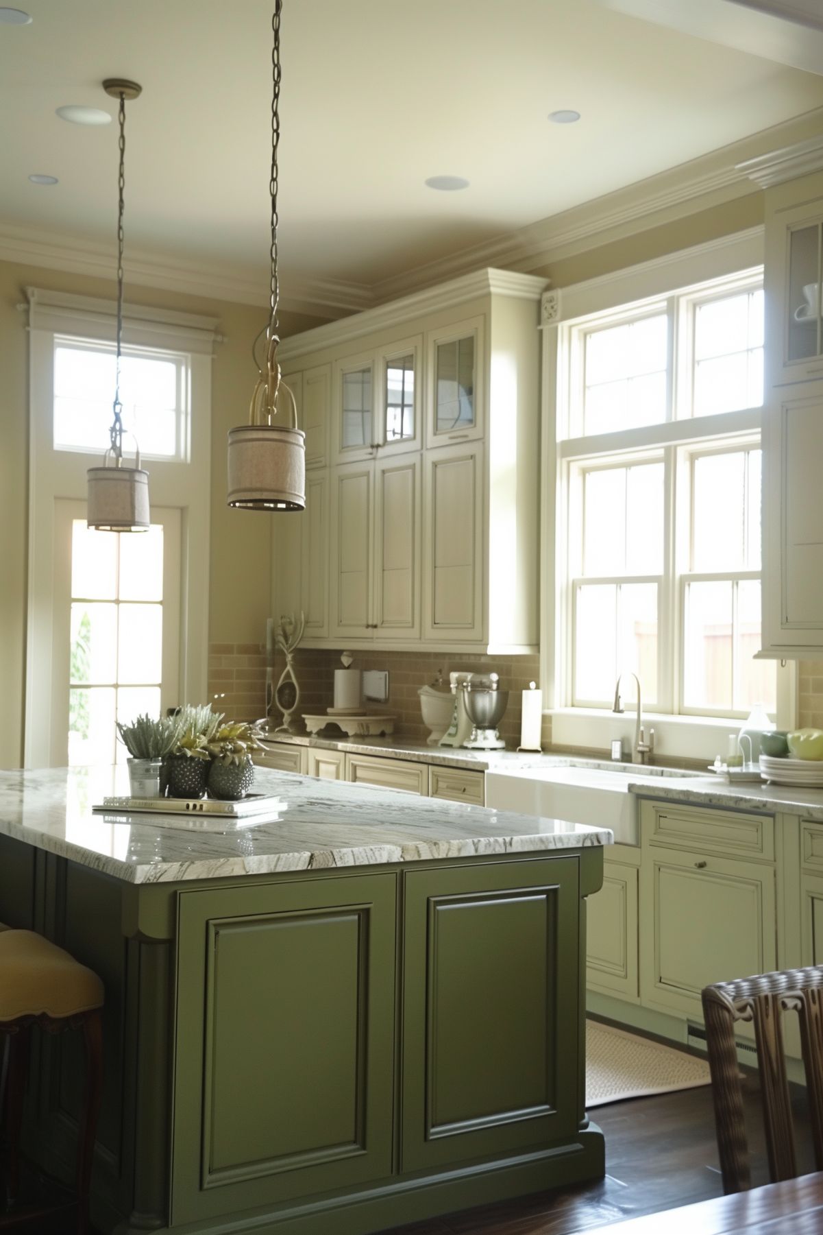 A bright and airy kitchen featuring a harmonious mix of olive green and cream cabinetry. The room is illuminated by large windows that allow natural light to flood in, highlighting the elegant cream-colored upper cabinets and the olive green island with a stunning marble countertop. Two pendant lights hang above the island, adding a touch of sophistication. The backsplash consists of subtle beige tiles, and the countertops are adorned with modern appliances and charming decor items. The farmhouse sink and stylish fixtures complete the look, making the space both functional and inviting.