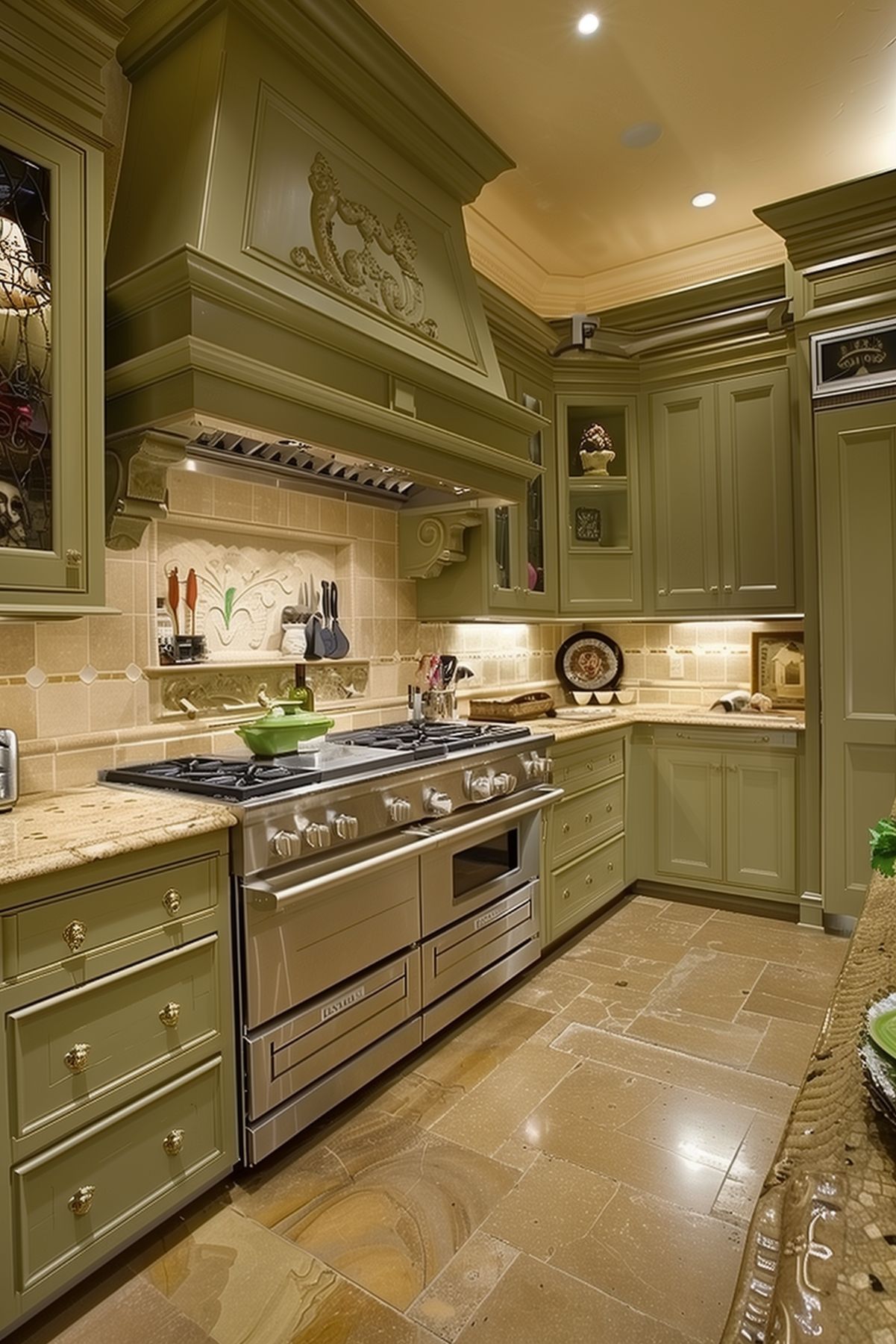 A luxurious kitchen with a classic touch, featuring olive green cabinetry and ornate details. The large range stove is complemented by a decorative olive green hood with intricate carvings. The beige tile backsplash includes an artistic inlay and elegant corbels, adding to the kitchen's sophisticated feel. Granite countertops offer ample space for meal preparation, and the room is well-lit with recessed lighting. The cabinetry includes glass-fronted doors showcasing delicate decor items, and the warm-toned tiled floor ties the whole space together, creating an inviting and functional environment.