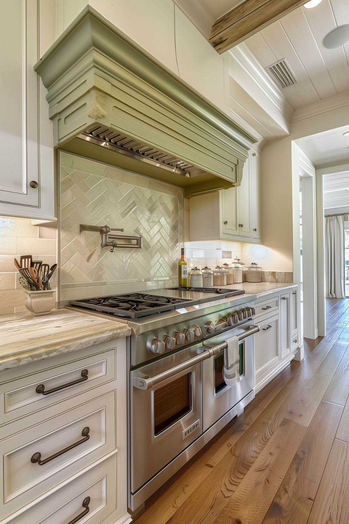 A bright and inviting kitchen featuring a harmonious blend of olive green and cream. The centerpiece is a large, professional-grade stainless steel range with a matching olive green hood. The backsplash is adorned with cream tiles arranged in a herringbone pattern, providing a subtle yet elegant contrast. The cream cabinetry is complemented by sleek hardware, and the countertops are crafted from beautiful, light-colored stone. Warm wooden floors add a cozy touch, while recessed lighting and rustic wooden beams on the ceiling enhance the room's inviting ambiance. The space is both stylish and functional, perfect for modern cooking needs.