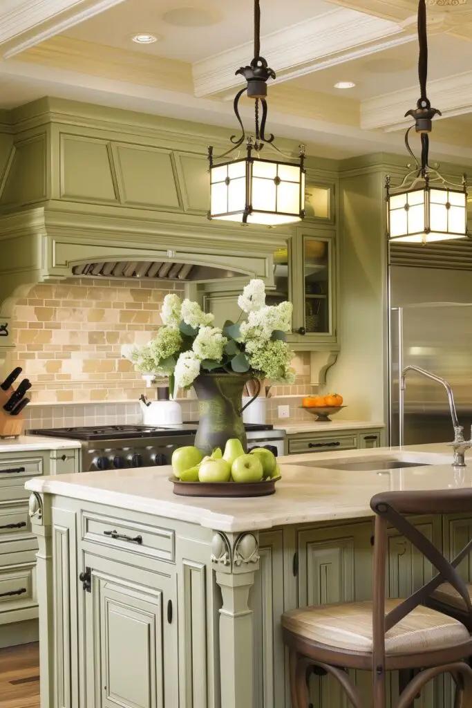 A beautifully designed kitchen showcasing a blend of olive green cabinetry and cream accents. The centerpiece is a large island with intricate detailing and a smooth, light-colored countertop, adorned with a vase of fresh flowers and a tray of green apples. The backsplash features warm-toned brick tiles, adding a rustic charm to the space. Modern stainless steel appliances complement the traditional cabinetry, and elegant pendant lights with wrought iron details hang above the island, providing a warm and inviting glow. The overall design combines classic elements with modern functionality, creating a welcoming and stylish kitchen.