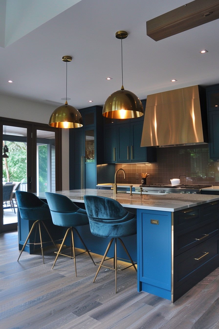 Stylish kitchen featuring deep blue cabinets and brass elements. The focal point is the large island with a white marble countertop, surrounded by plush blue velvet bar stools with brass legs. Two oversized brass pendant lights hang above the island, providing ample lighting and a touch of glamour. The backsplash and range hood are accented in brass, complementing the modern design. The open layout includes large windows and glass doors that let in plenty of natural light, making the space feel bright and airy. The overall aesthetic is a blend of contemporary elegance and functional design.