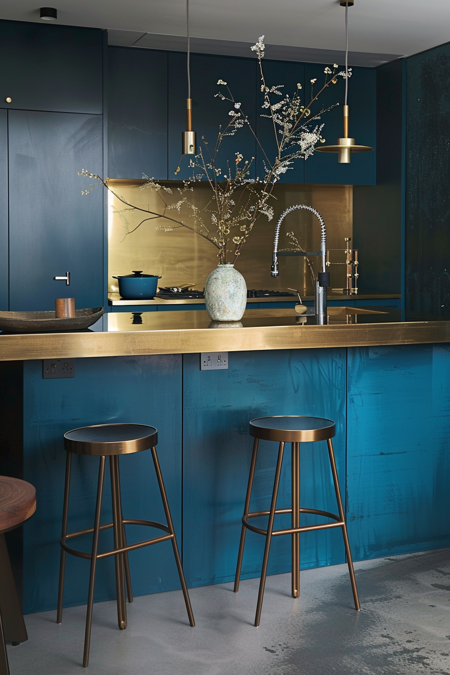 Contemporary kitchen featuring striking blue cabinetry and brass accents. The centerpiece is a sleek island with a brass countertop, complemented by matching brass stools. A brass backsplash adds a touch of luxury, harmonizing with the modern faucet and fixtures. Elegant brass pendant lights hang above the island, casting a warm glow. A decorative vase with delicate branches adds a natural element, enhancing the overall aesthetic. The design is a perfect blend of modern sophistication and artistic flair, creating an inviting and stylish space.