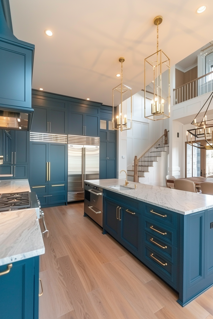 Spacious kitchen featuring elegant blue cabinets and brass hardware. The room centers around a large island with a marble countertop and a brass faucet, providing ample workspace. Tall cabinets provide extensive storage, while stainless steel appliances add a modern touch. The kitchen is illuminated by two large brass pendant lights that hang from the ceiling, casting a warm and inviting glow. Light wood flooring complements the blue cabinetry, creating a balanced and airy feel. The open layout connects to a dining area and staircase, enhancing the sense of space and flow in this sophisticated kitchen design.