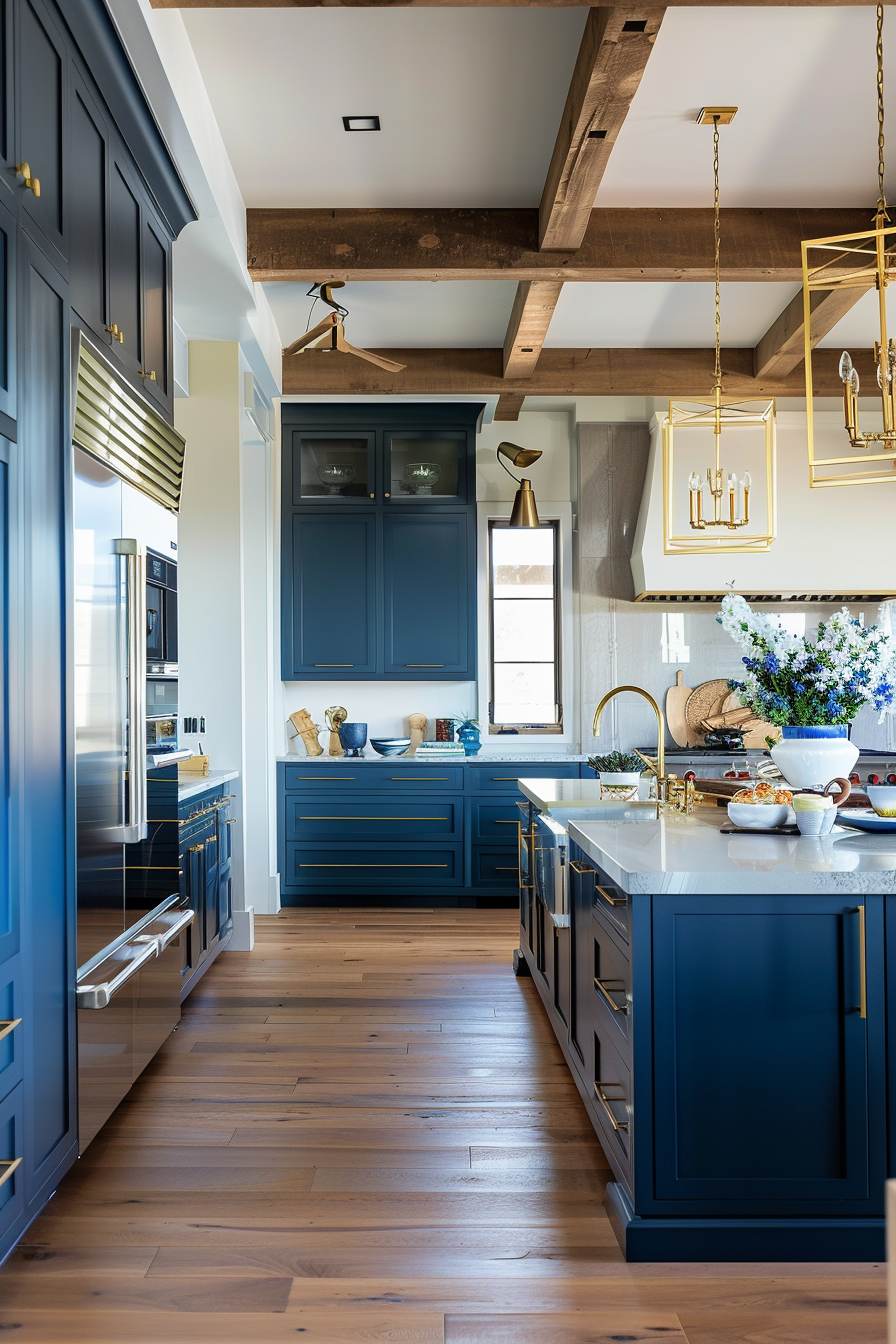 Charming kitchen with deep blue cabinets and brass accents, creating a cozy yet sophisticated atmosphere. The large island, topped with a white quartz countertop, serves as the focal point, providing ample space for meal prep and casual dining. Brass fixtures and hardware add a touch of elegance, while the brass pendant lights above the island enhance the warm lighting. Wooden beams on the ceiling introduce a rustic element, contrasting beautifully with the sleek cabinetry. Stainless steel appliances and a mix of open shelves and closed cabinets offer both functionality and style. The floral arrangement on the island adds a refreshing touch of color to this inviting kitchen.