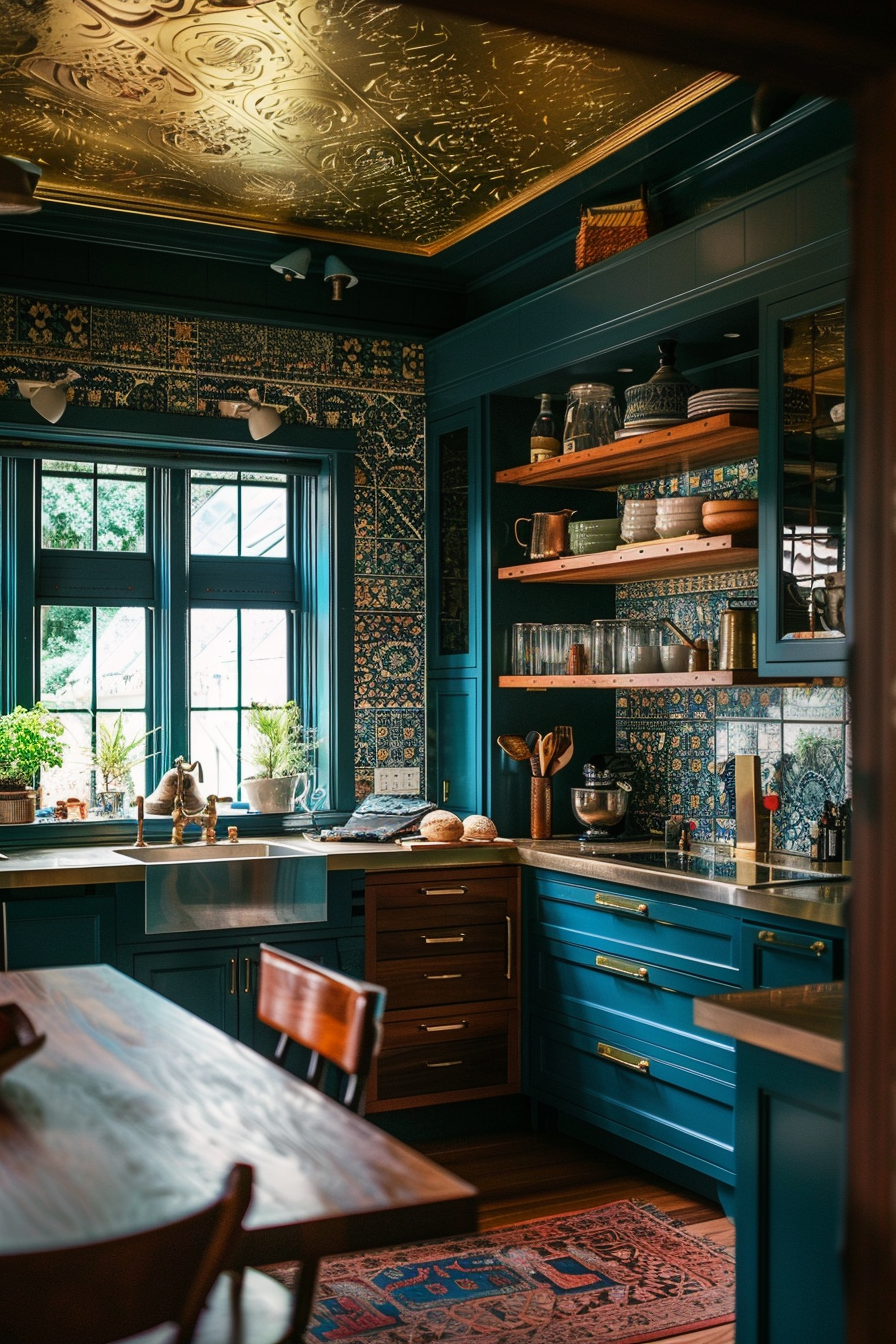 Cozy kitchen with peacock blue cabinets and brass accents. The room features intricate patterned tiles on the walls and ceiling, which create a warm and inviting atmosphere. Open wooden shelves hold various kitchen items, adding a rustic touch. A farmhouse sink is situated under a large window that allows natural light to flood the space. The dining area includes a wooden table with chairs, enhancing the homely feel. The overall design blends vintage and modern elements beautifully.