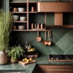 A kitchen with earthy green tones, wooden cabinets, and natural stone countertops. Pops of greenery and copper accents add warmth and cohesion