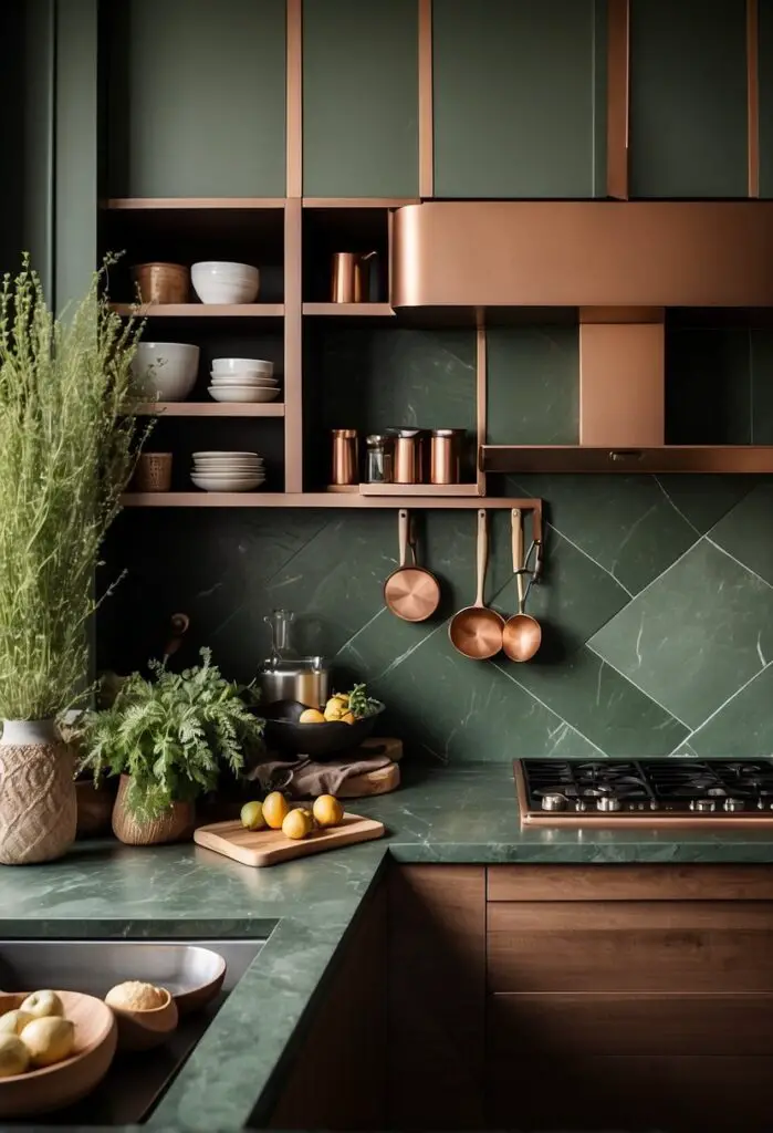 A kitchen with earthy green tones, wooden cabinets, and natural stone countertops. Pops of greenery and copper accents add warmth and cohesion