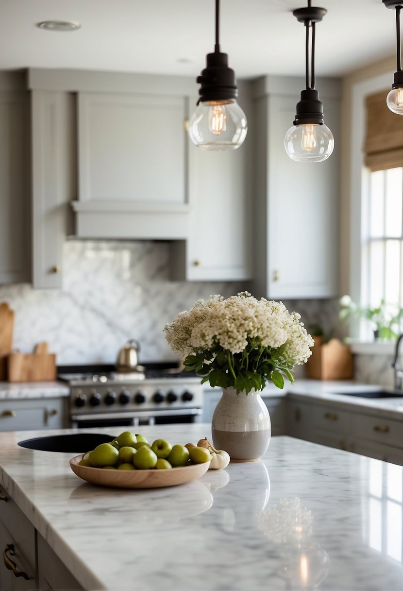 A bright, airy kitchen with greige cabinets and marble countertops. Pendant lights hang over the island, while a vase of fresh flowers sits on the counter