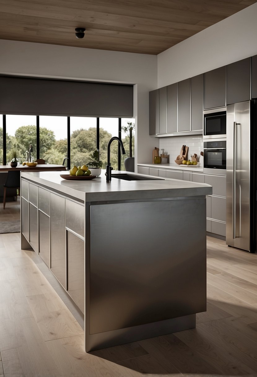 A spacious greige kitchen with modern layout, featuring sleek countertops, stainless steel appliances, and a large central island