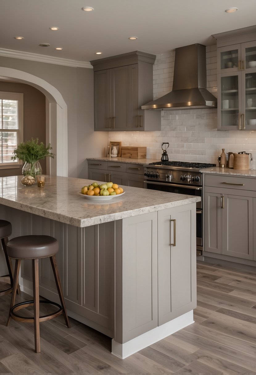 A spacious greige kitchen with hardwood flooring and tile options displayed on a sample board. Cabinets and countertops in neutral tones complement the warm, inviting space